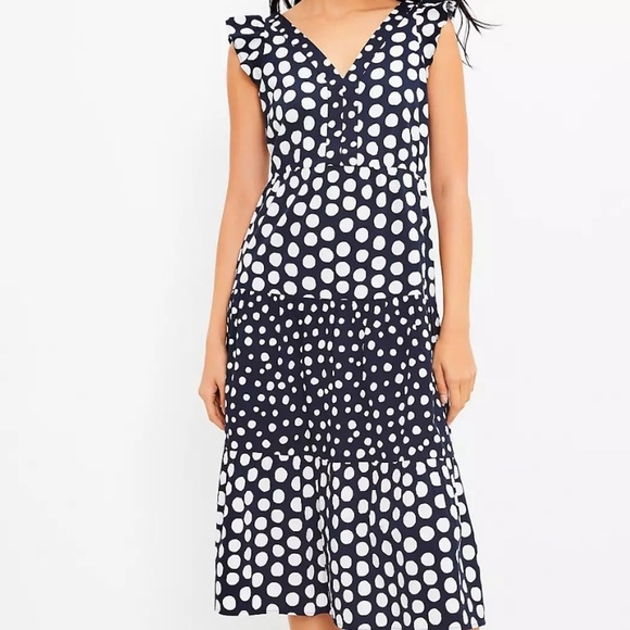 Loft Dotted Flutter Sleeve V-neck Midi Dress - Picture 1 of 10